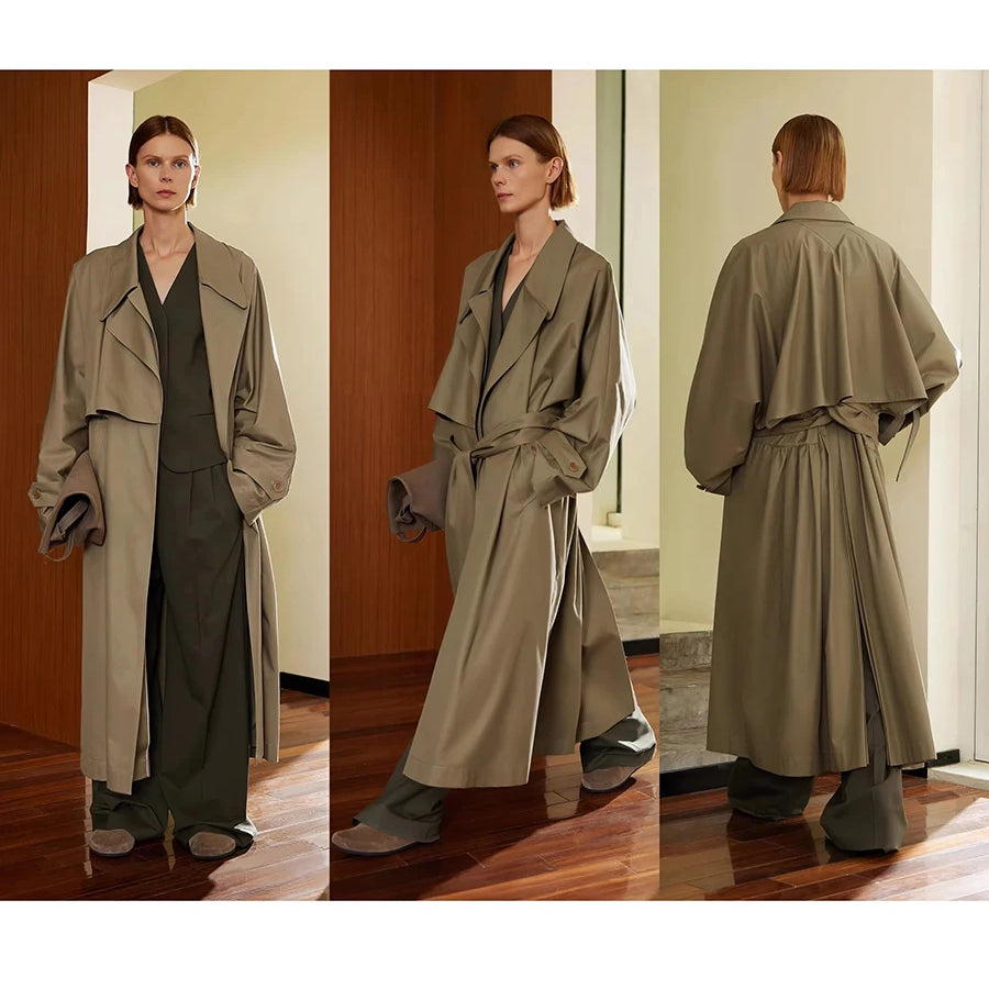 Lautaro Spring Autumn Oversized Khaki Flowy Long Trench Coat for Women Sashes Luxury Loose Casual Korean Fashion Overcoat 2025