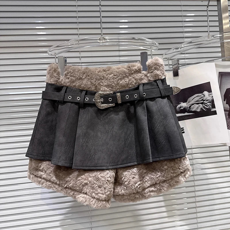 Winter New Fashion Metal Belt Suede Hem Fleece Fluffy Shorts Skirt For Women Versatile Sweet Mini Skirts 11A07958 Dark Gray