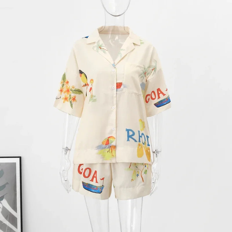 Plant Flowers Birds Printed 2 Pieces Set Women Holiday Short Sleeve Button Up V-neck Shirts Top Suit High Waist Shorts Outfits 2pcs