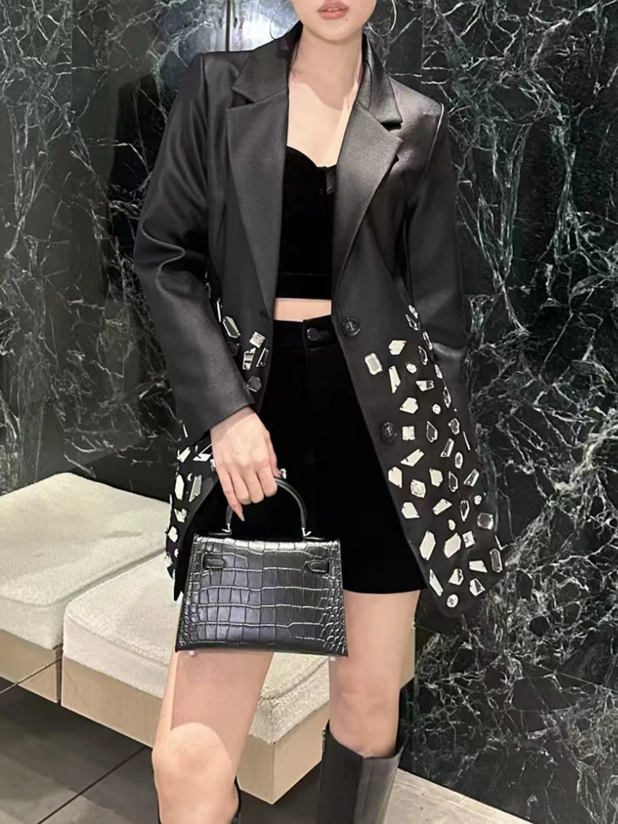 Spliced Diamonds Luxurious Jackets for Women Lapel Long Sleeves Patchwork Single Breasted Fashion Jacket Female New