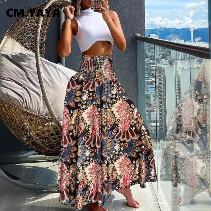 Women Fashion Bandanna Paisley Big Swing High Waist Maxi Skirt Streetwear 2024 Boho Vintage Casual Long Skirts