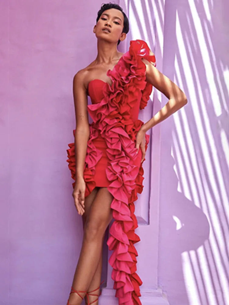 Women Summer Bandage Dress 2024 Women Celebrity Sexy One Shoulder Ruffles Red Bodycon Elegant Evening Club Party Dress Red