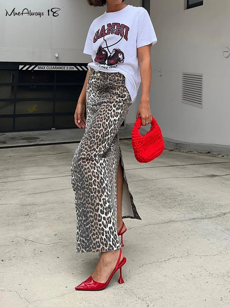 Mnealways18 Vintage Leopard Print Straight Skirts Female Street Chic High Waist Long Skirt Summer Office Split Skirt Cotton
