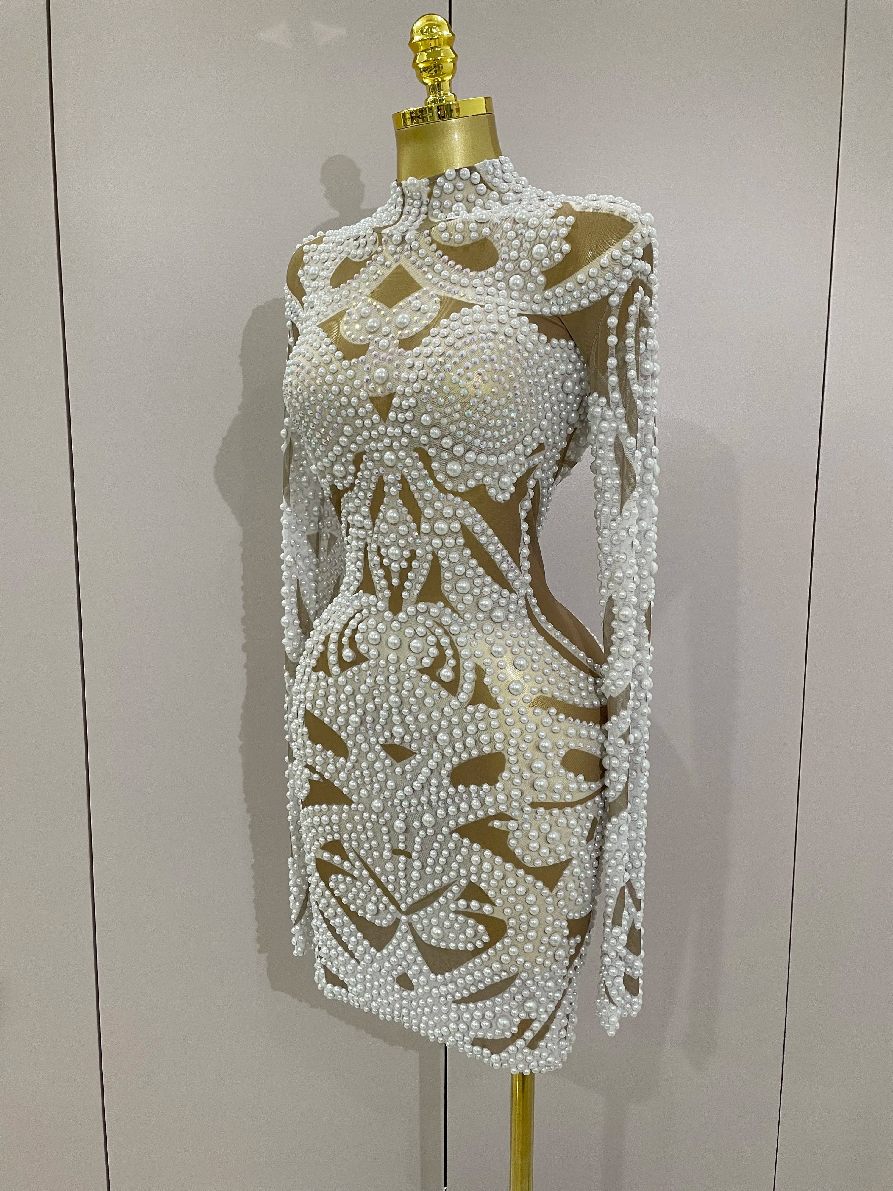 2025 New High-end Elegant Evening Gown AB Rhinestones Pearls Luxury Long Sleeves Mesh Dress Women Cocktail party Wedding Costume