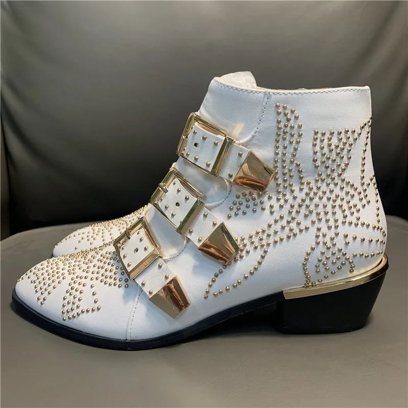 Women's Ankle Boots Rivet Flower Susanna Studded Cowboy Boots Genuine Leather Luxury Shoes Ladies Botines Mujer white gold