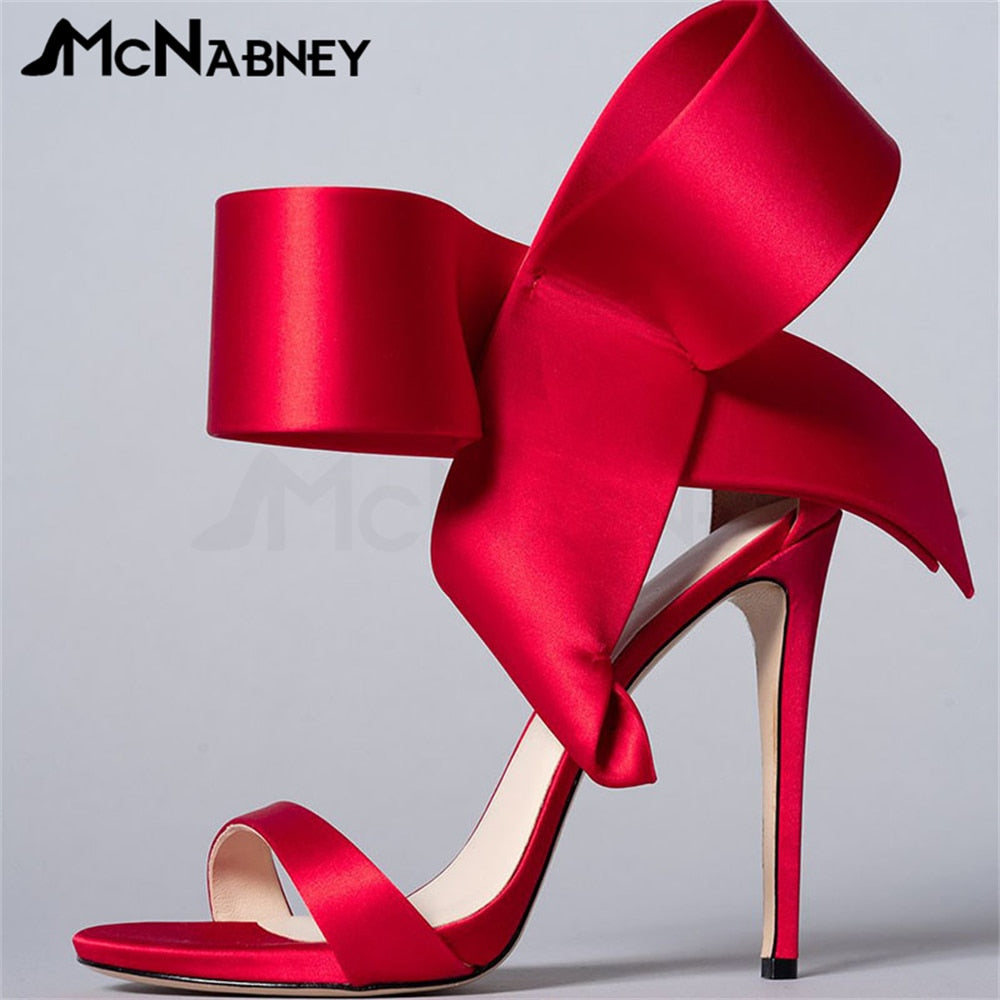 Satin Butterfly Knot High Heels Stiletto Pointed Toe Sandals Luxury Style Shoes Fashion High Heels Shiny Rhinestone Sandals