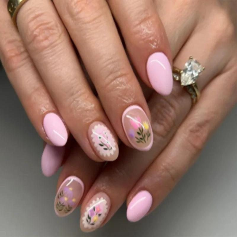 24Pcs Green French Press on Fake Nails with Almond Head Design 3D Flower Full Cover Nail Art Tips Short Round Head False Nails 1943