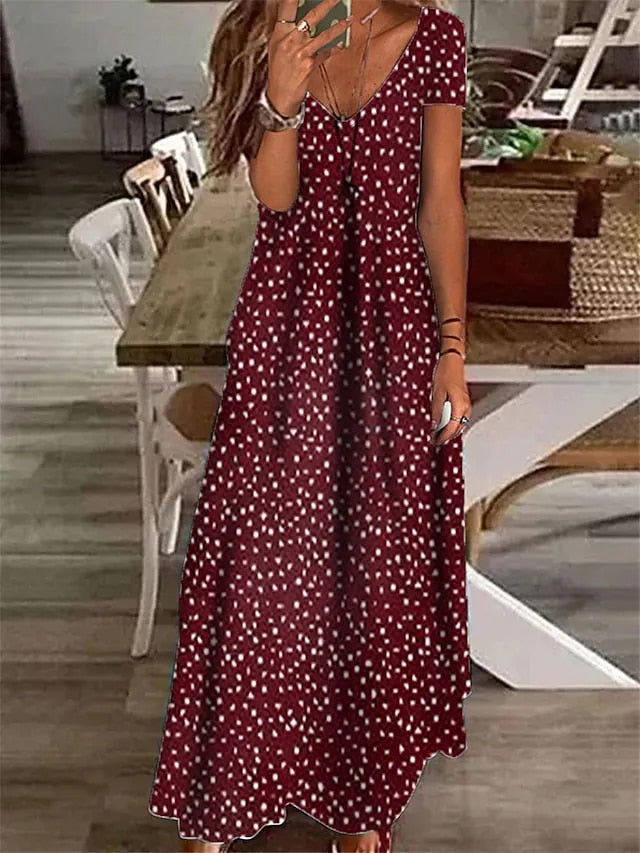 Summer Boho Floral Polka Dot V Neck Long Maxi Dress Elegant Ladies Holiday Beach Loose Retro Sundress Red Wine