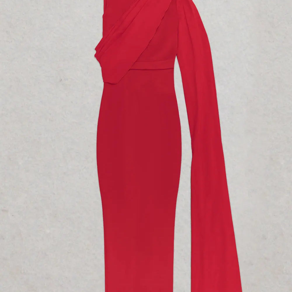 2024 Chic and Elegant Women's Red Dress O-neck Single Shoulder Oversized Trumpet Sleeve Bodycon Long Dress Evening Party Vestido