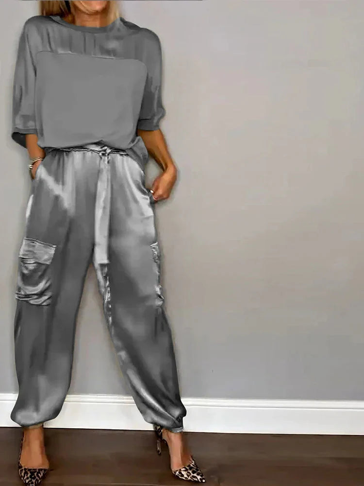 Fashion Solid Color Satin Two Piece Set Women Round Neck New Spring Summer Top Long Pants Casual Loose Two Piece Set Grey