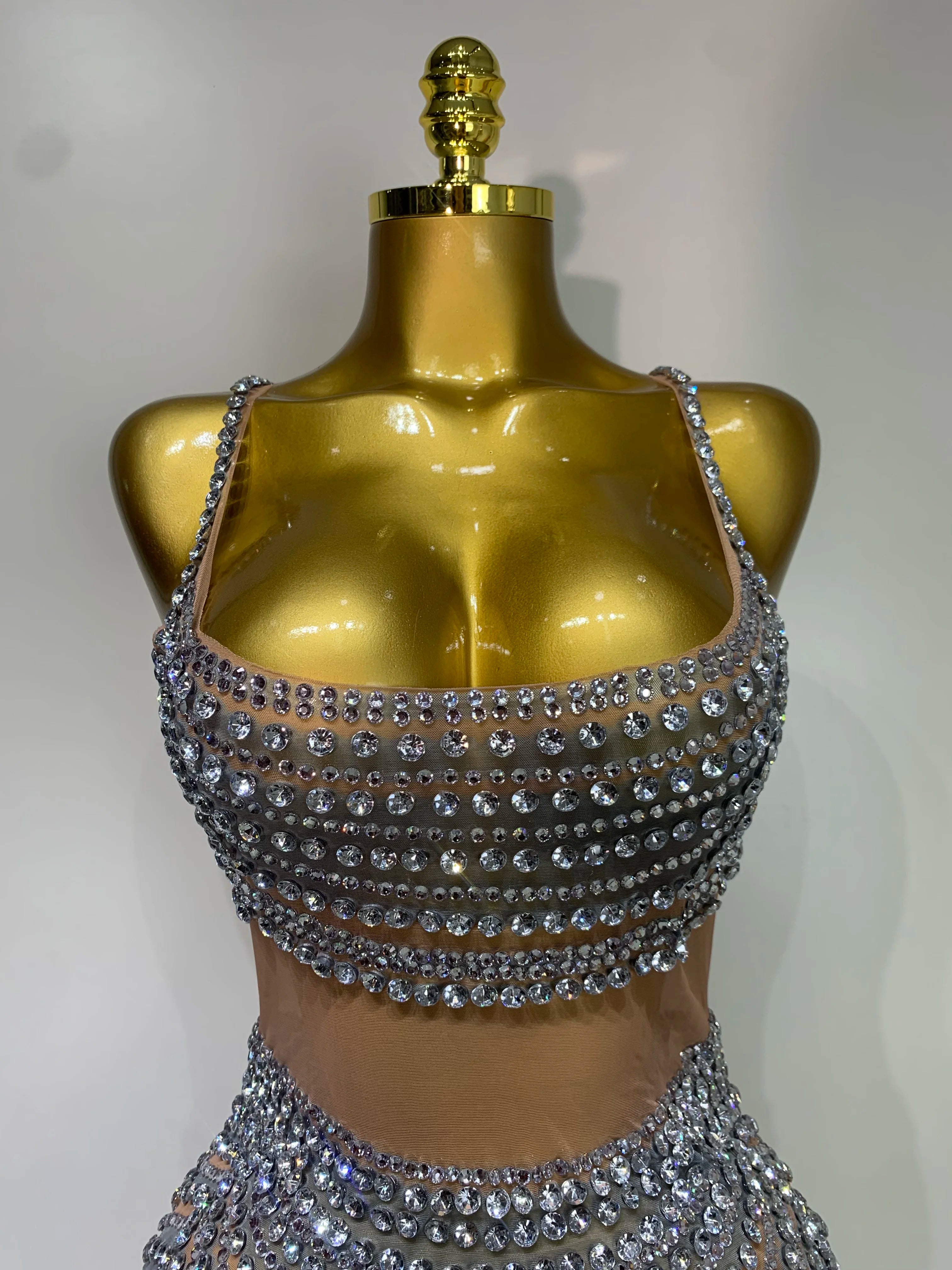 Sparkly Rhinestones Sleeveless Mini Dress Evening Birthday Celebrate Evening Party Dress Nightclub Stage Performance Costume