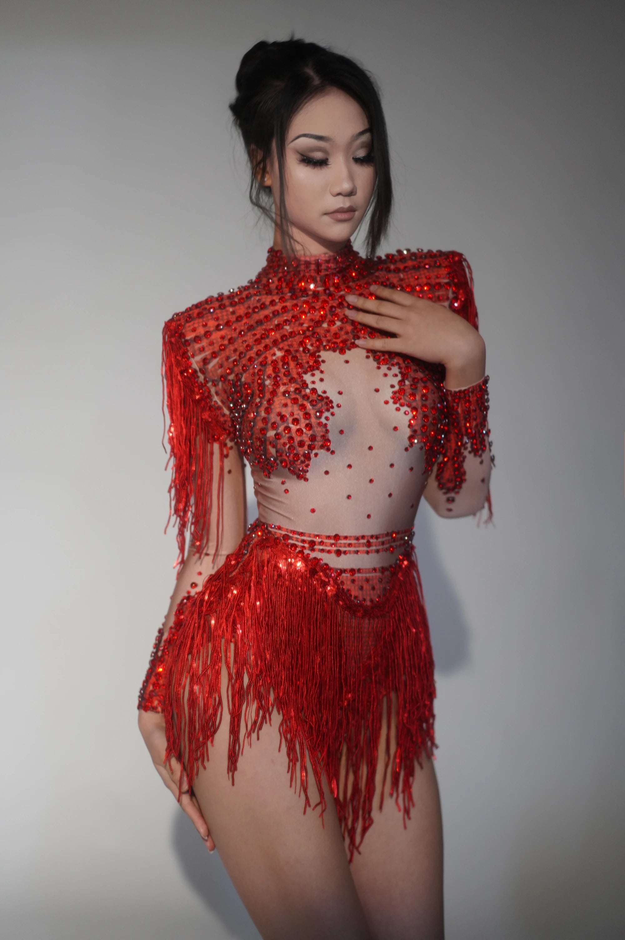 STOCK Red Women Long Sleeve Sexy Shinning Tassels Rhinestones Bodycon Bodysuit High Stretch Bar Dancer Nightclub Stage Wear Red