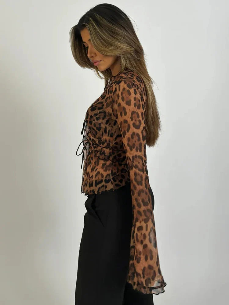 Leopard Mesh Tops Women Chiffon Lace-up V Neck Long Flare Sleeve Blouse Femme Fashion Print T-shirt Elegant Loose Tops