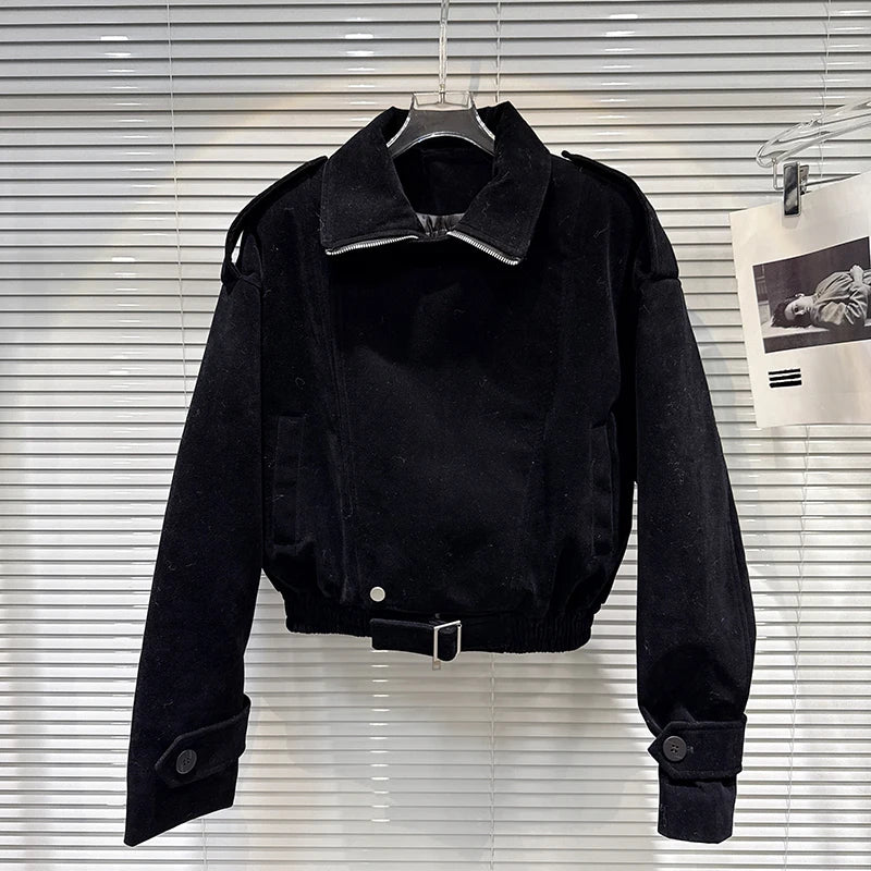 Winter New Fashion Black Zipper Turn-down Collar Fleece Cotton Jacket For Women Streetwear Short Coat Female 11A07598 Black