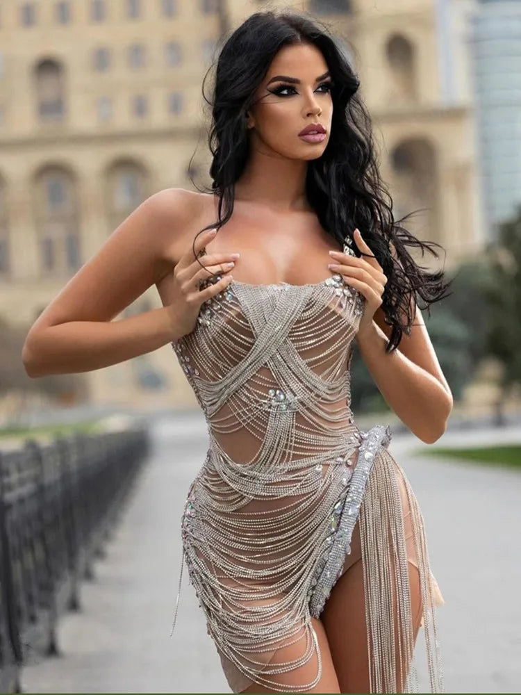 2025 Women Sexy Strap Strapless Crystal Diamonds Beige Mini Dress Birthday Party Costume Bar Nightclub Stage Performance Outfit Beige