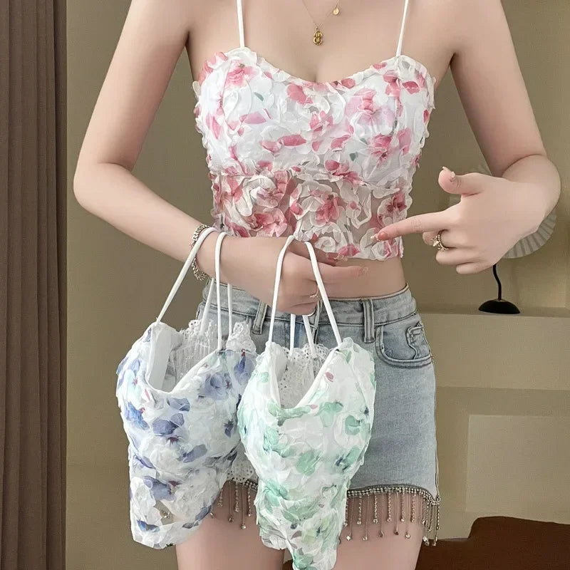 Summer Sweet Floral Corset Vest Office Lady Beach Style Sleeveless Blouse Women Vintage Lace Slim Crop Top Korean Fashion