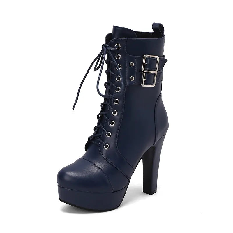 SIMLOVEYO Fashion Women Boots Round Toe Chunky High Heels 12cm Platform 2.5cm Lace Up Belt Buckles Size 47 48 49 50 blue