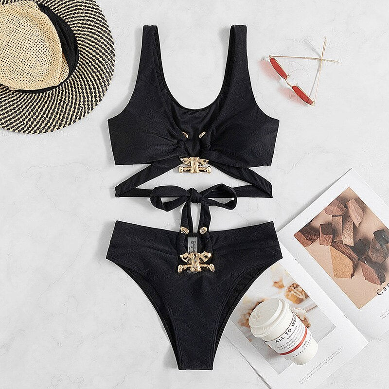 Sexy Black Bandage Bikini High Cut Tied Hollow Thong - Push Up Swimwear Biquinis Beach Bathing Suit