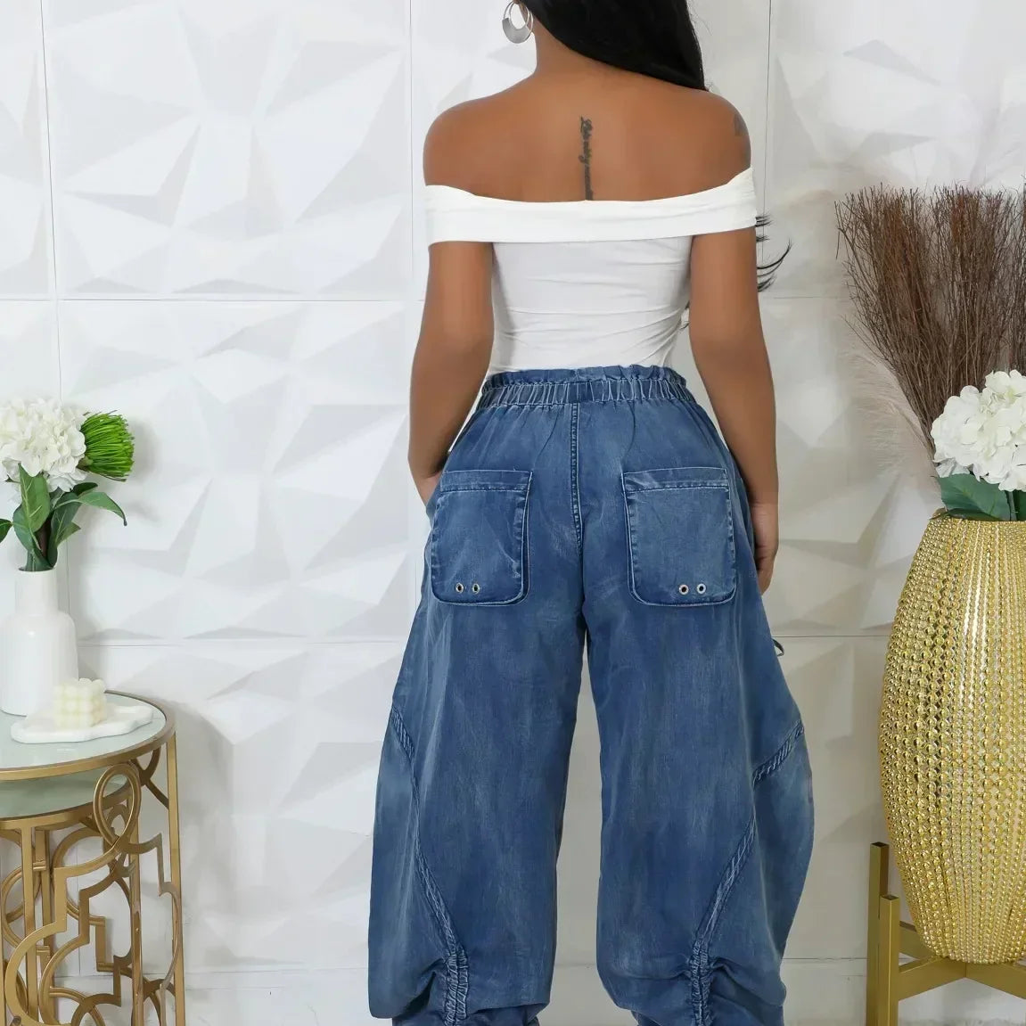 Women Streetwear Drawstring Fashion Fly Denim Pants 2024 Autumn Loose Safari Style Cargo Harem Hip Hop Jeans