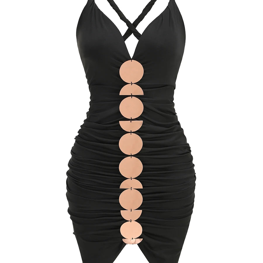 Black Color Women Sleeveless Sexy V-Neck Golden Big Circle Sequins Bodycon Mini Dress Celebrate Evening Party Cocktail Dress