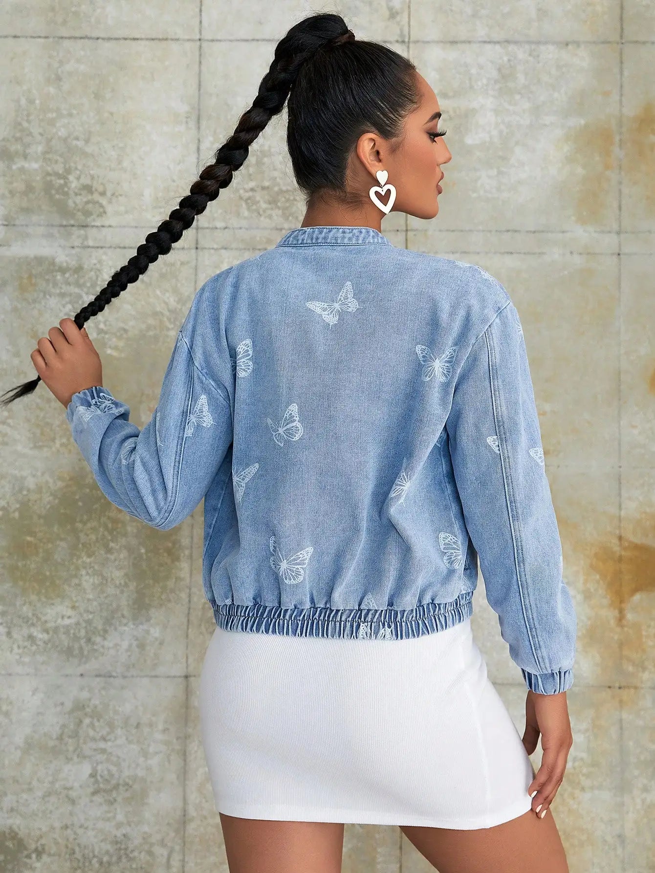 Women Fashion Butterfly Print Zip Up Elastic Waist Drop Shoulder Denim Jacket Vintage Stand Collar Loose Jean Outerwear