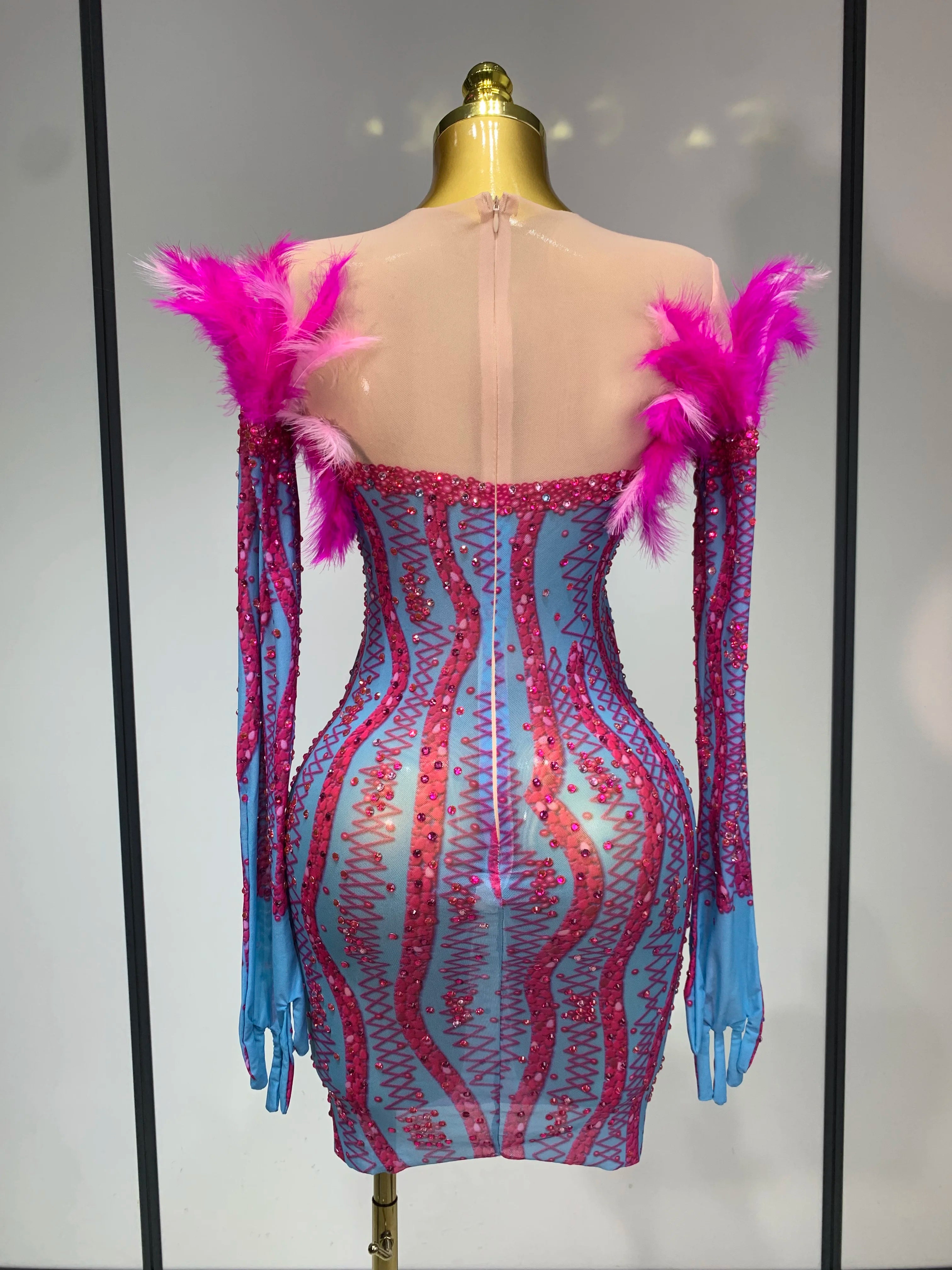 Women Sexy Mesh See Through Diamond Feather Dress 2025 Elegant Evening Party Luxury Birthday Nightclub Performance Stage Costume