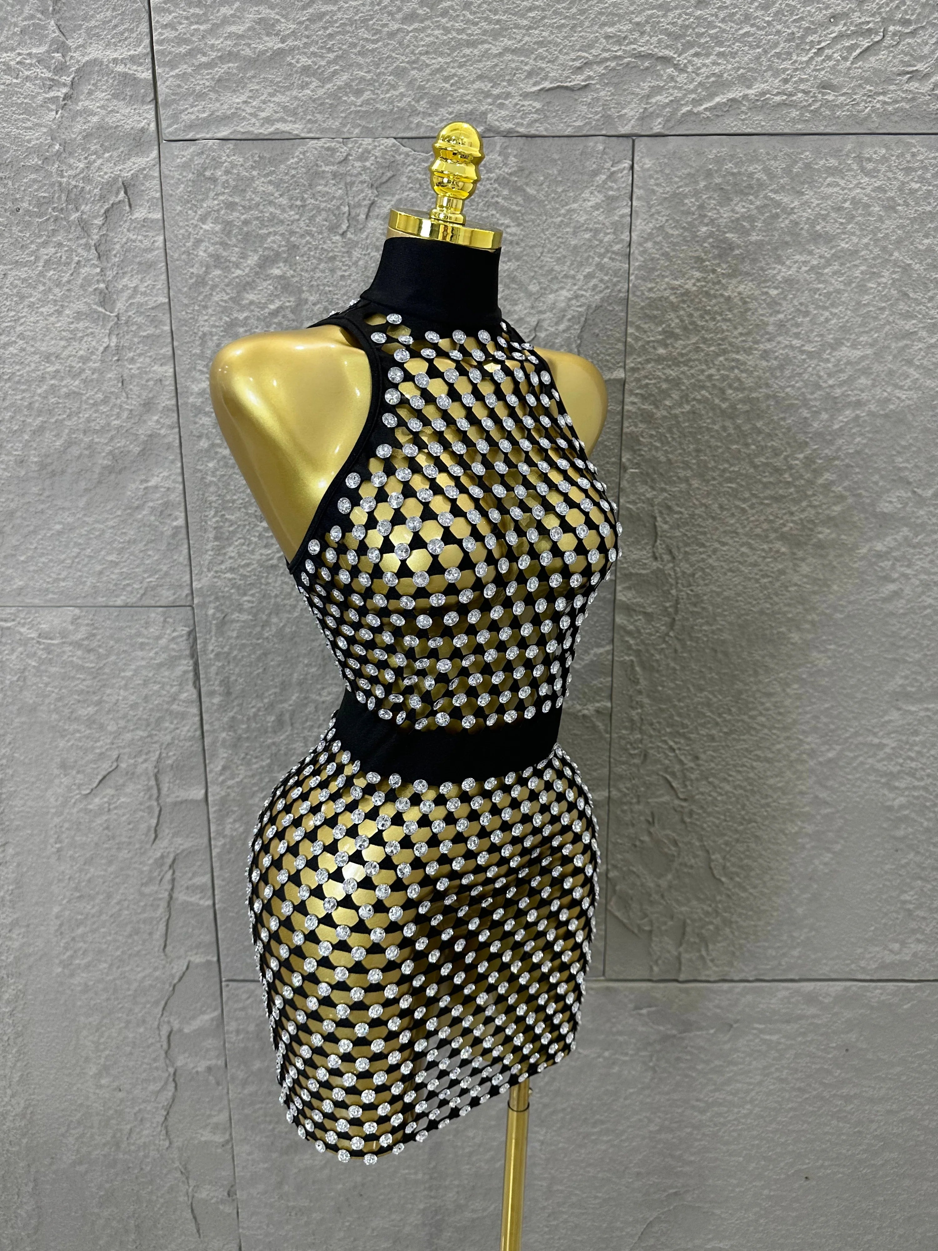 Luxury 2026 Glamorous Black Mesh Halter Mini Dress Sparkle Rhinestone Gold Silver Bead Bodycon Bar Stage Performance Costume
