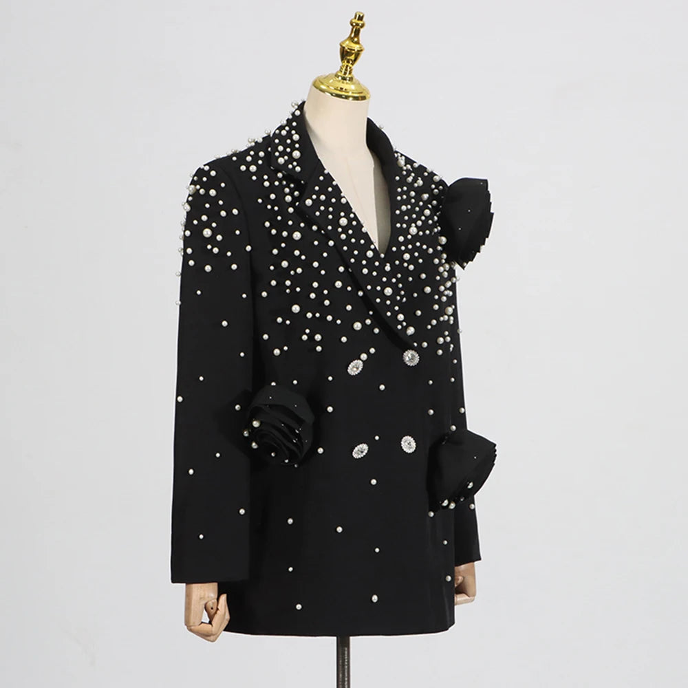 Solid Loose Spliced Appliques Elegant Jackets for Women Lapel Long Sleeves Patchwork Bead Luxurious Jacket Female