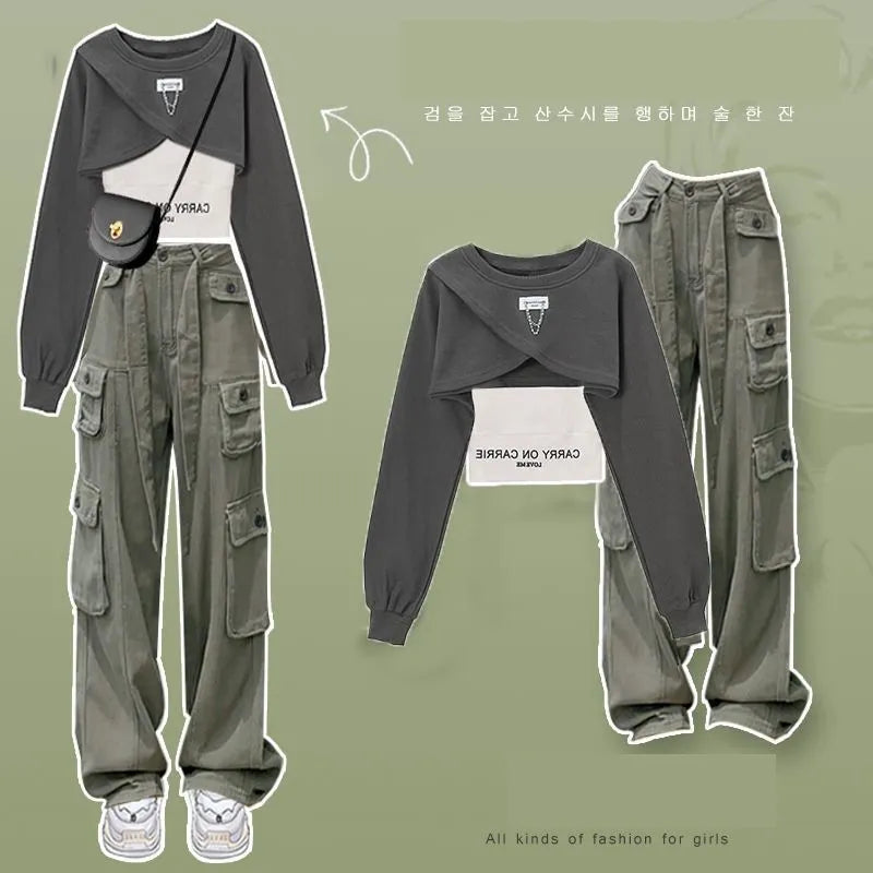 Women's Autumn Tracksuit Suit 2024 New Fashion College Sweater Top Sling Cargo Pants Three Piece Korean Elegant Matching Set Gray set