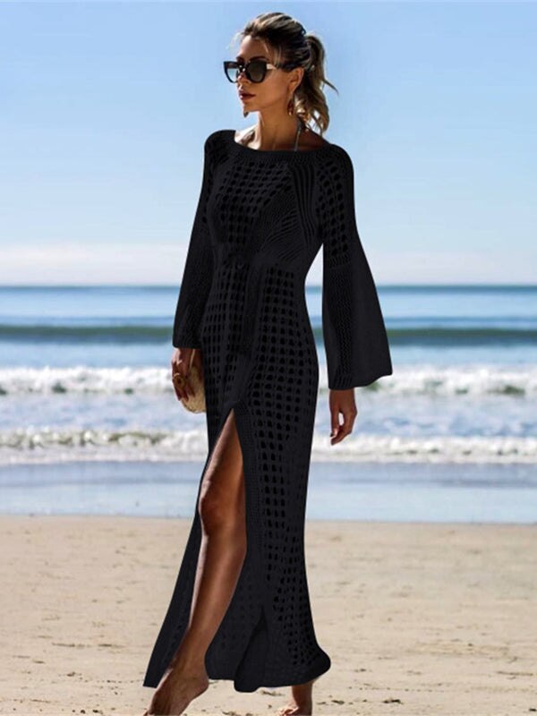 Sexy Empire Hollow Swimwear Cover-ups Long Crochet Dress Beach Outfits for Women One-pieces and Cutout Summer Clothes Swimsuit Black One Size