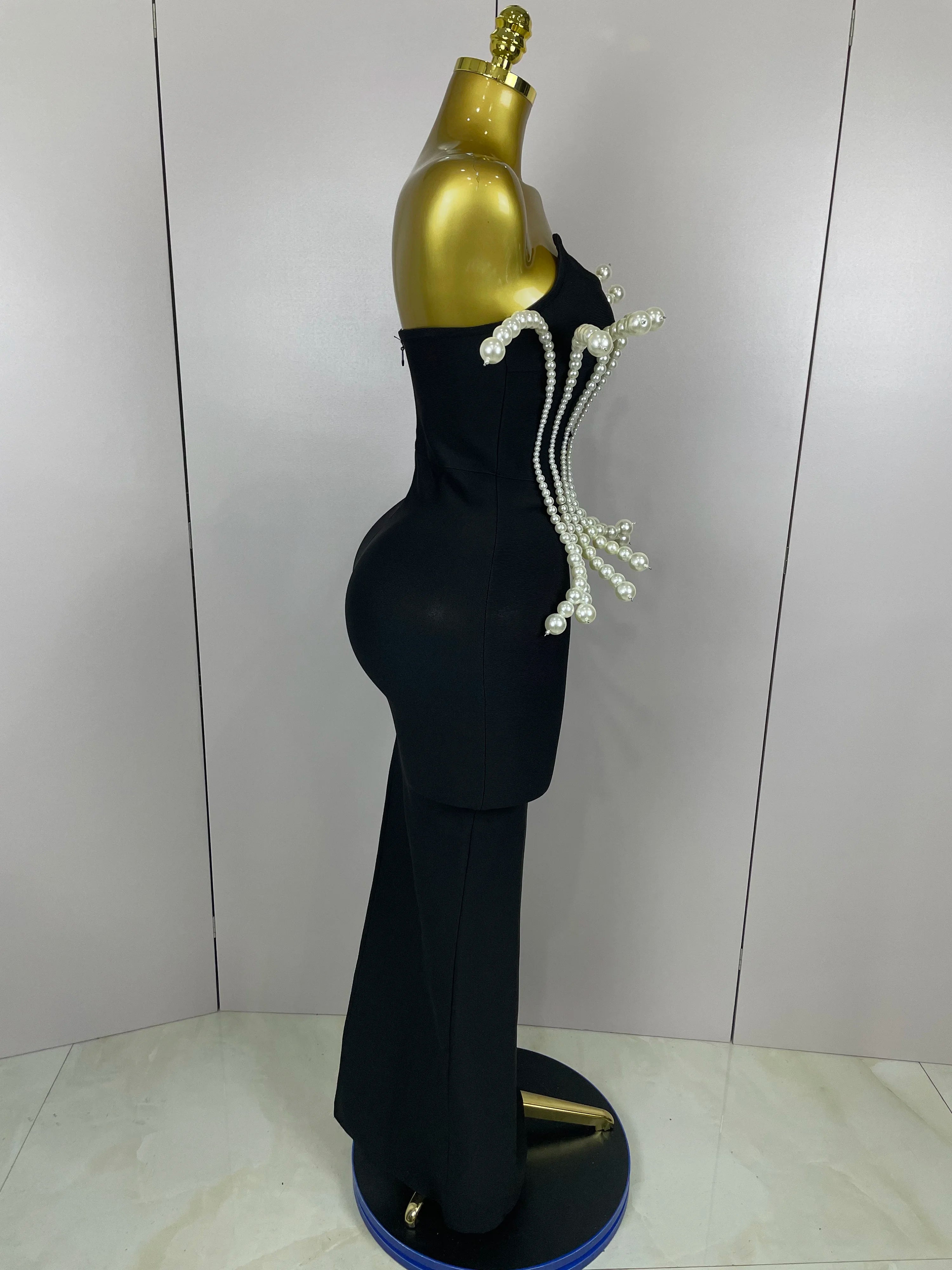 2025 New Sexy Strapless Pearl Beading Bodycon Long Bandage Dress Women Fashion Elegant Evening Party Luxury Birthday Dresses