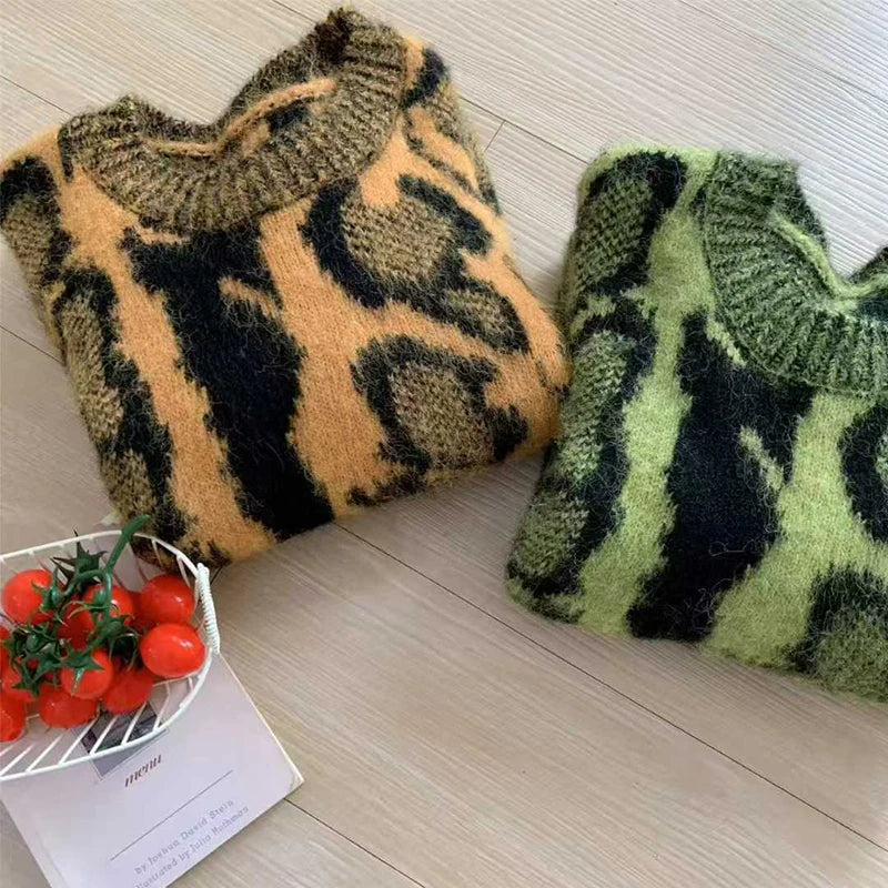Autumn Winter New Leopard Print Round Neck Pullover Sweater For Women Elegant Knitted Tops Female Trendy 11A07744