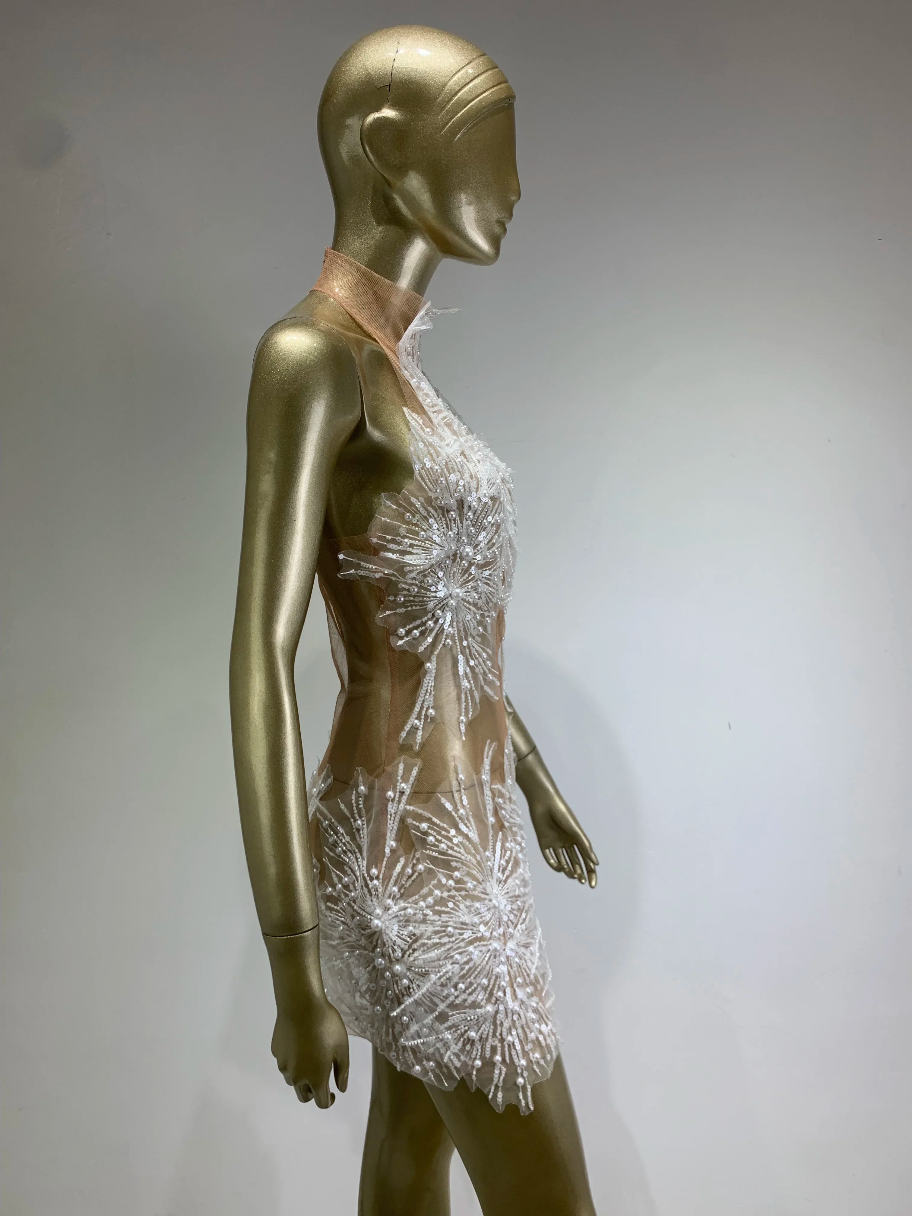 Women Sexy Off the Shoulder Mesh SeeThrough Bodycon Mini Dress Sequins Nightclub Party Celebrate Dress