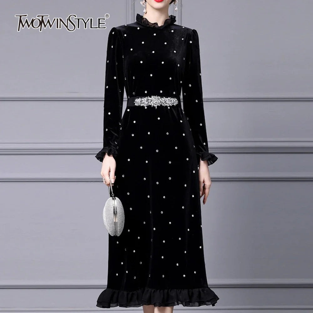 Solid Slimming Spliced Wave Point Elegant Dresses for Women Round Neck Long Sleeves Patchwork Bead Dress Female New