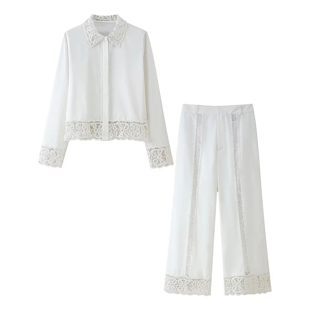 PB&ZA 2025 Women White Long Sleeve Blouse and Wide Leg Pants Set with Lace Trim Elegant Design for Sale on AliExpress Two-piece set