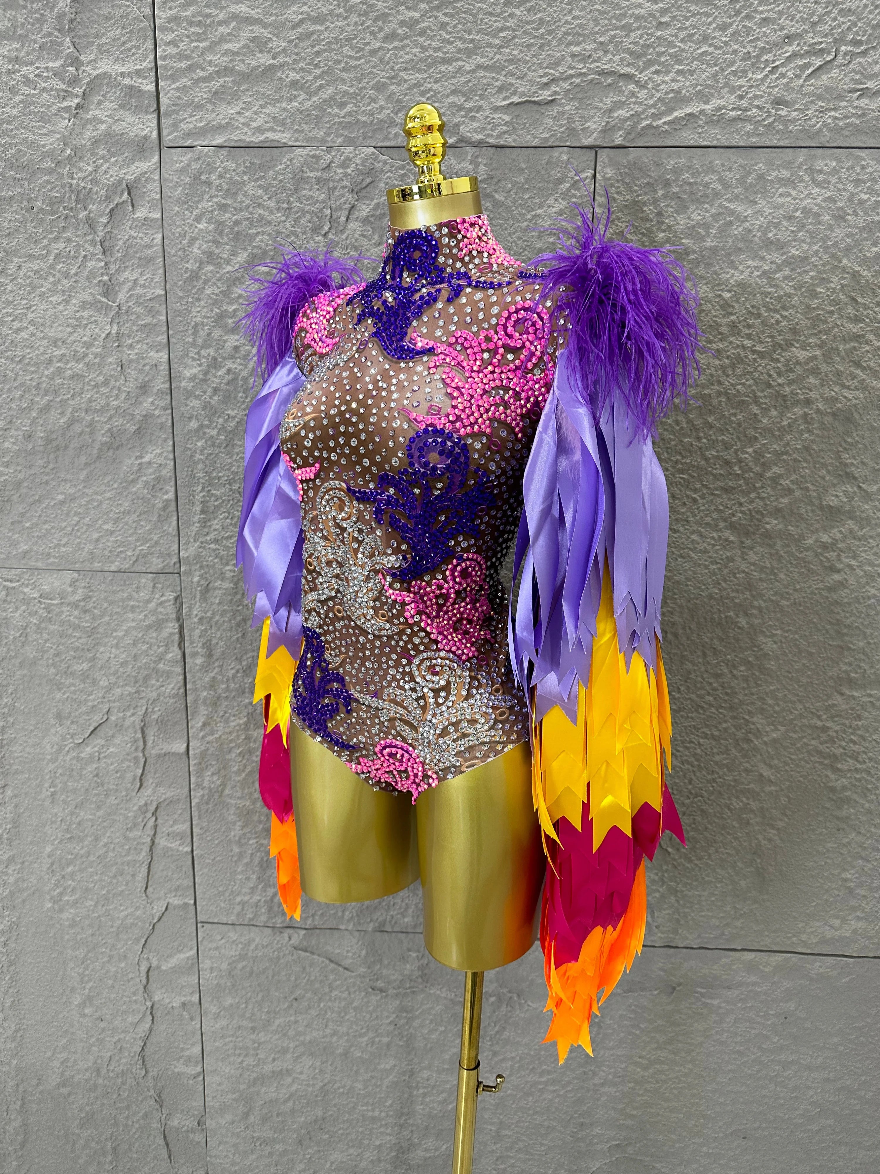 Sexy 2026 High Neck Sheer Mesh Bodysuit Women Purple Pink Crystal Fringe Long Sleeve Outfit Luxury Drag Queen Costume
