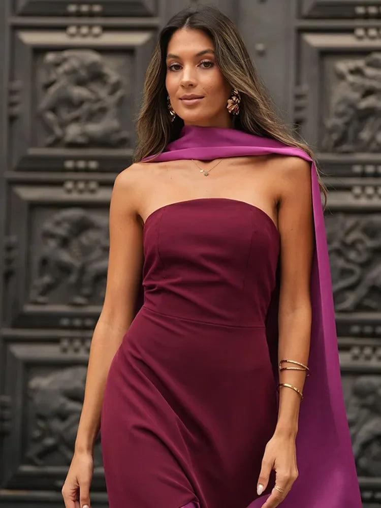 2025 Chic Purple Shawl Collar Off Shoulder Maxi Dress Fashion Contrast Spliced Pleated Hem Backless Robe Lady New Party Dresses