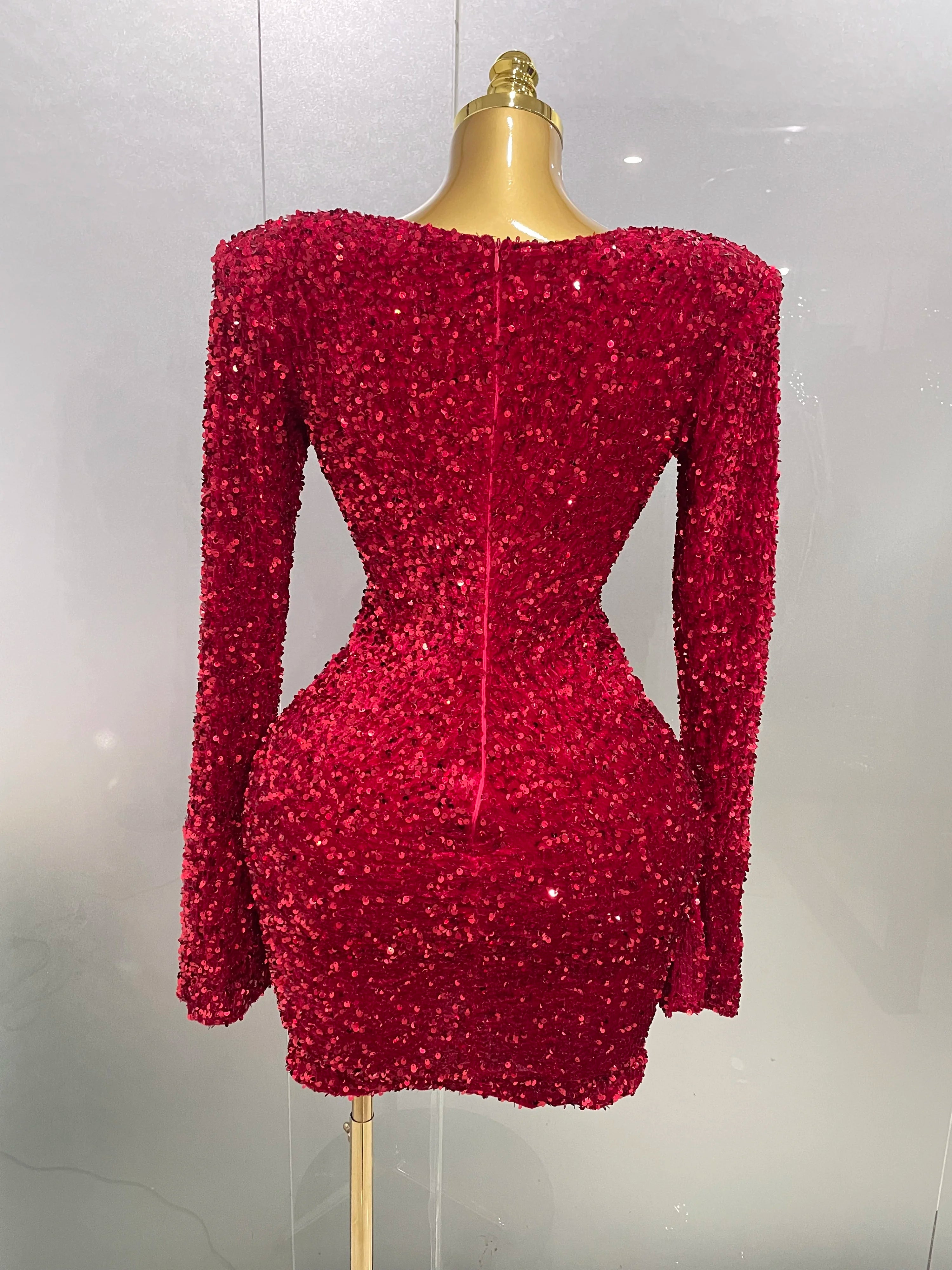 Sexy Shiny Red Sequins Rhinestones Sheath Mini Dress 2025 New Women Evening Birthday Party Nightclub Stage Performance Costume