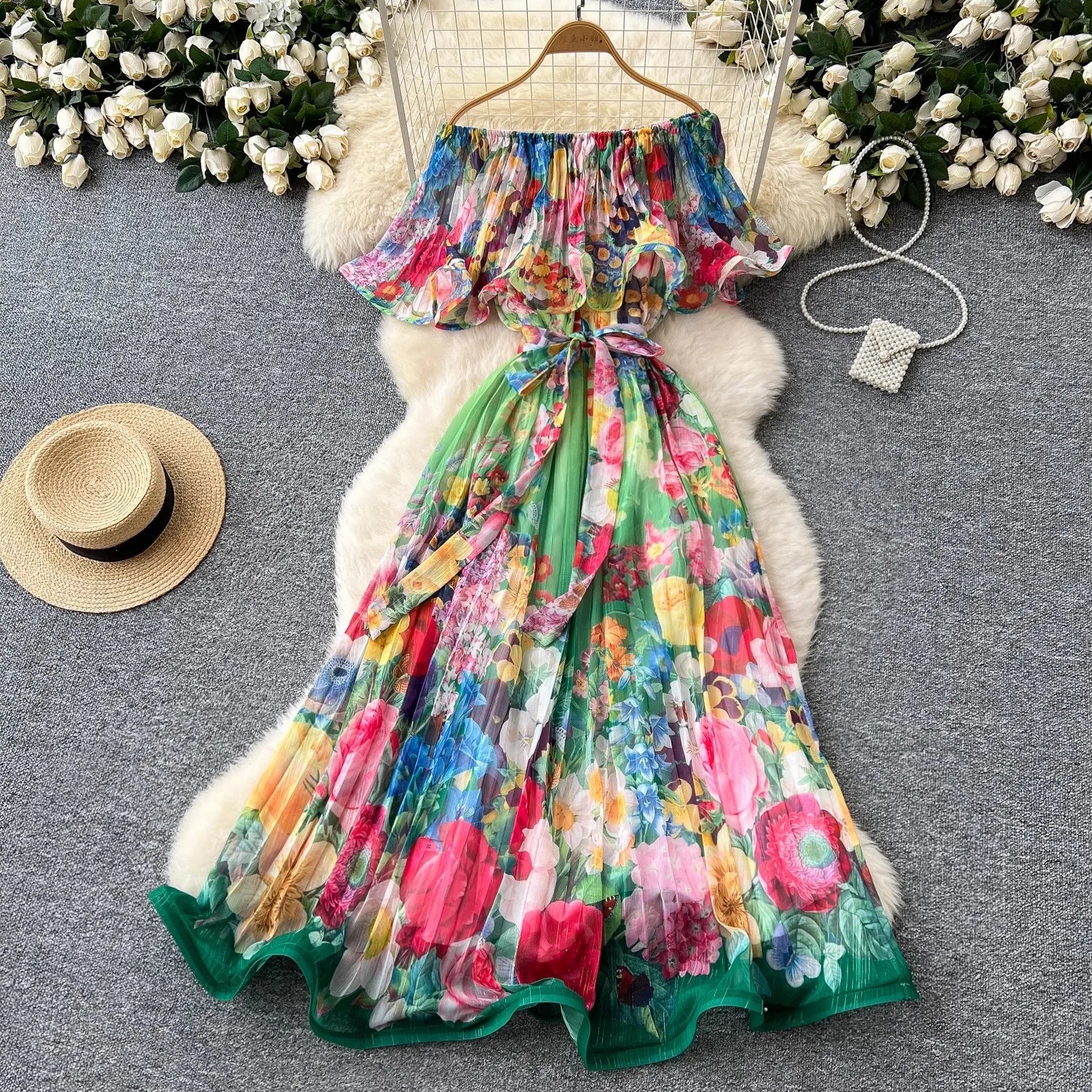 Summer Off Shoulder Gorgeous Flower Holiday Dress Women's Slash Neck Ruffles Batwing Sleeve Print Casual A-Line Beach Vestidos green