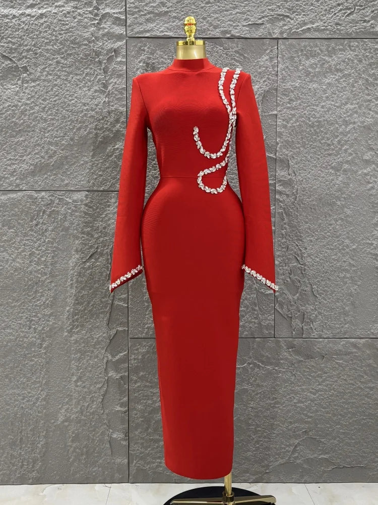 Black Red Women Long Sleeve Shinning Crystal Bodycon Long Bandage Dress Elegant Evening Party Cocktail Outfit Vestido Red