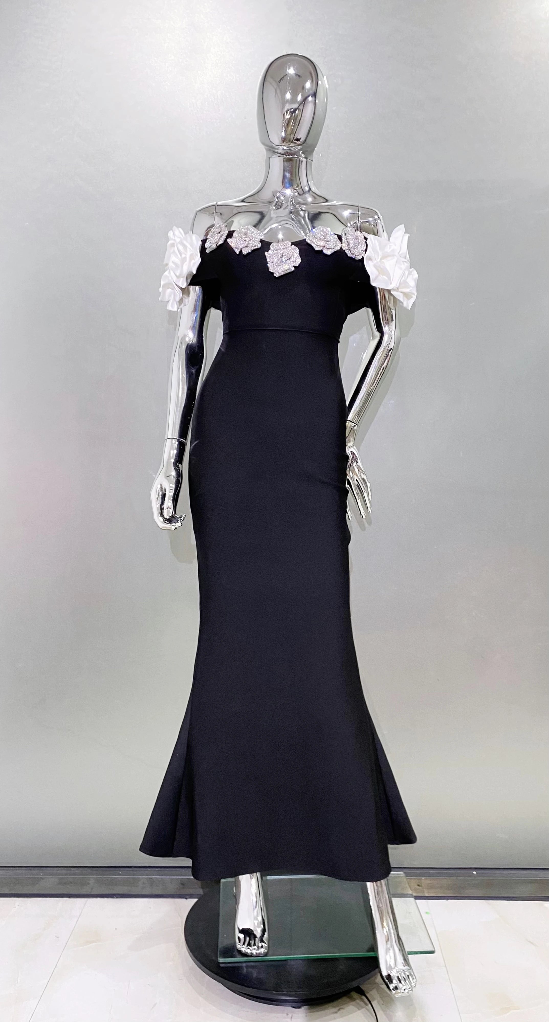 Stereoscopic Diamond Flowers Sexy Off The Shoulder Ankle Lenght Bandage Dress Woman Birthday Party Vestido Wedding Party Outfit