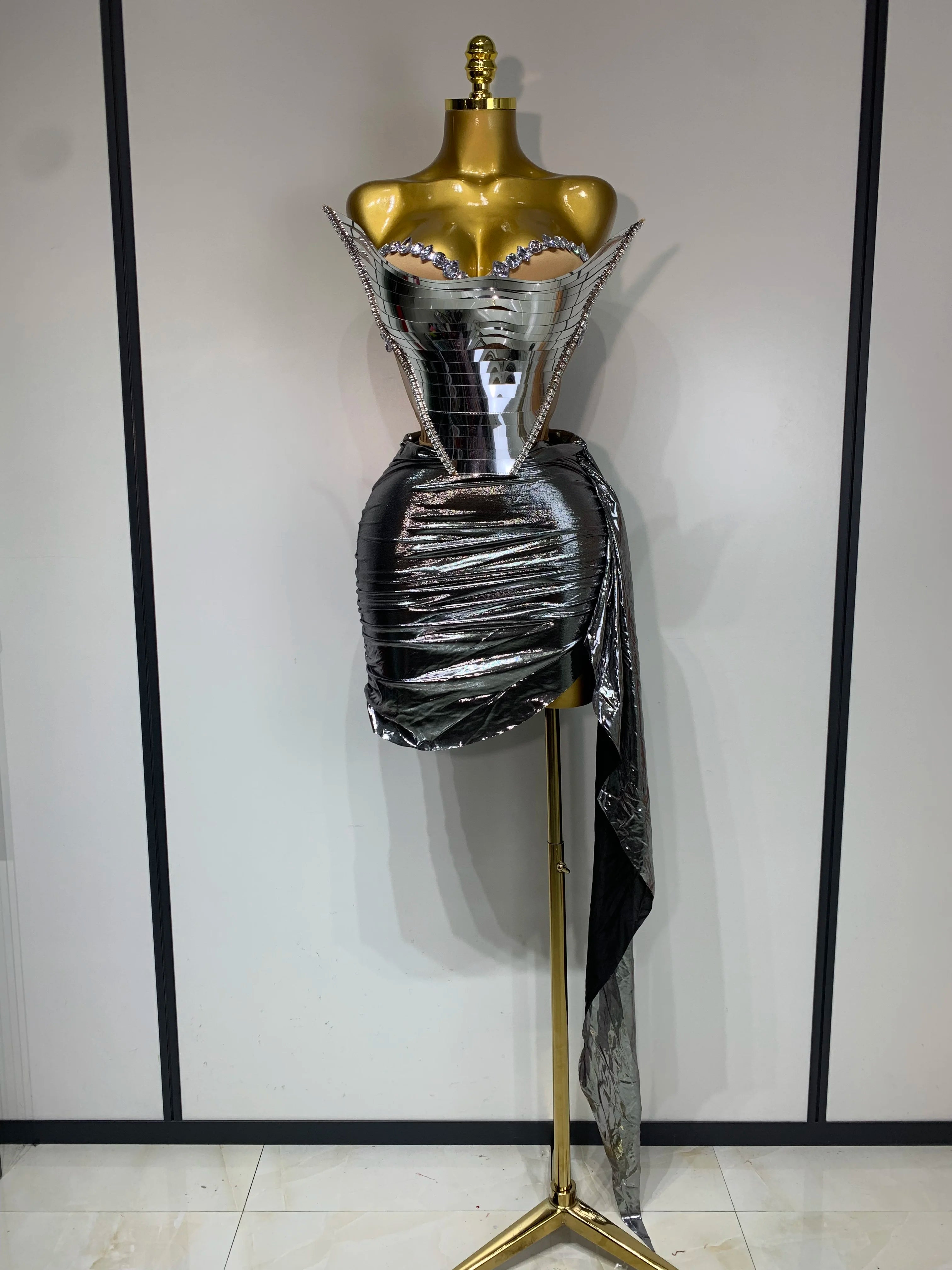 2025 Sparkly Gold Sequin Sexy Top Two Pieces Set Women Celebrate Party Birthday NightClub Performance Dancer Show Stage Outfit Silver