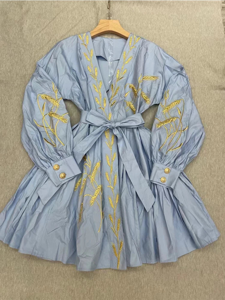 SEQINYY Casual Mini Dress Summer Spring New Fashion Design Women Runway Embroidery Flower Shirt Fabric Holiday Blue