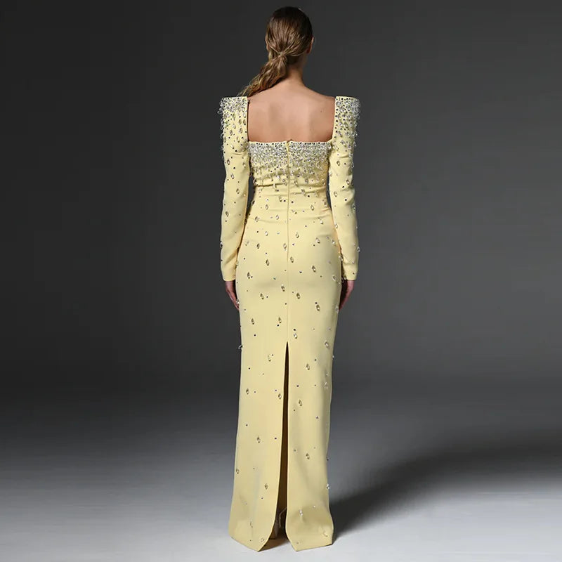 Solid Slimming Spliced Bead Luxurious Midi Dresses for Women Square Neck Long Sleeves Split Elegant Dress Female