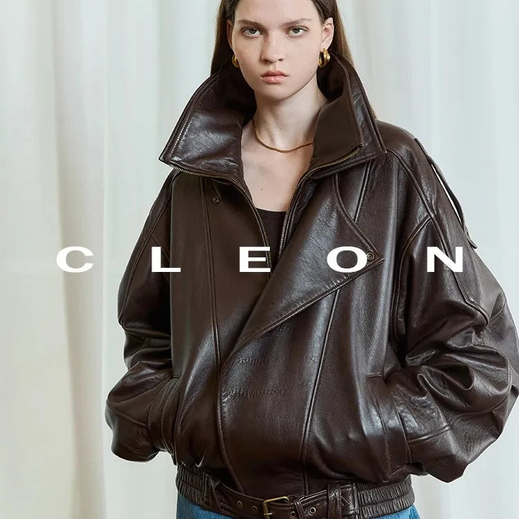 Lautaro Autumn Brown Oversized Pu Leather Moto & Biker Jacket Women Long Sleeve Zippper High Quality American Retro Clothing