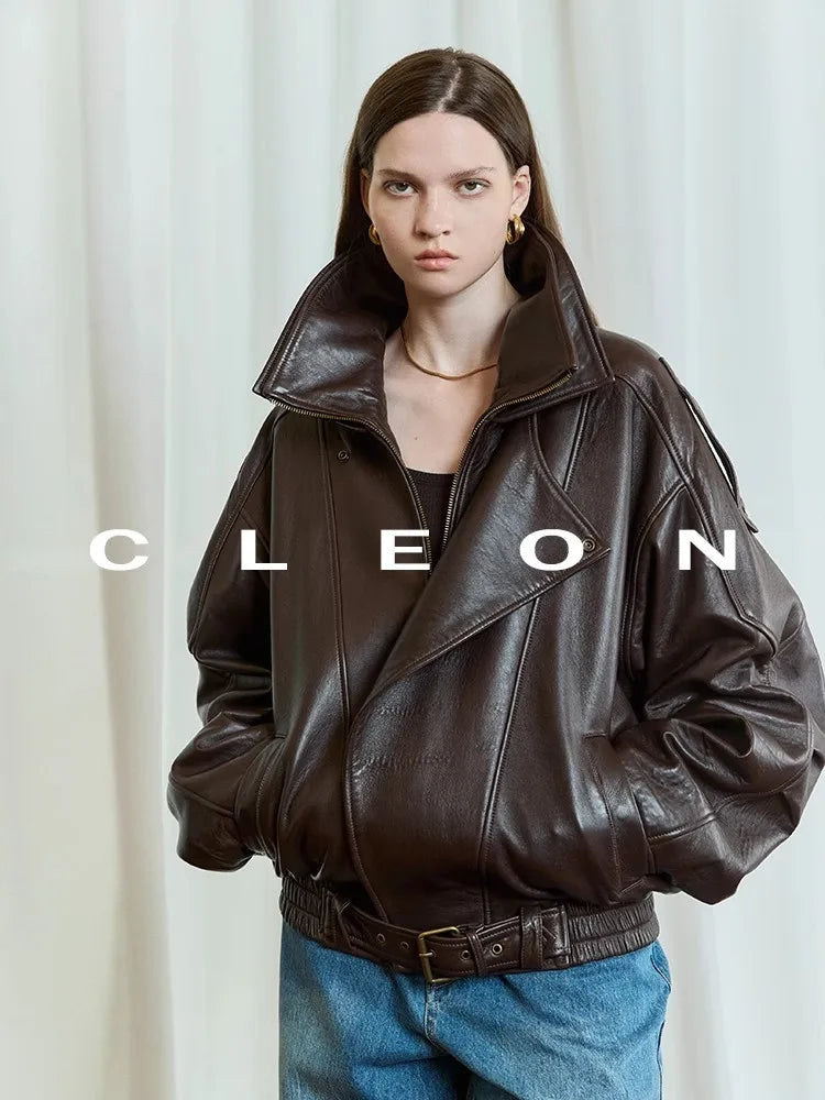 Lautaro Autumn Brown Oversized Pu Leather Moto & Biker Jacket Women Long Sleeve Zippper High Quality American Retro Clothing