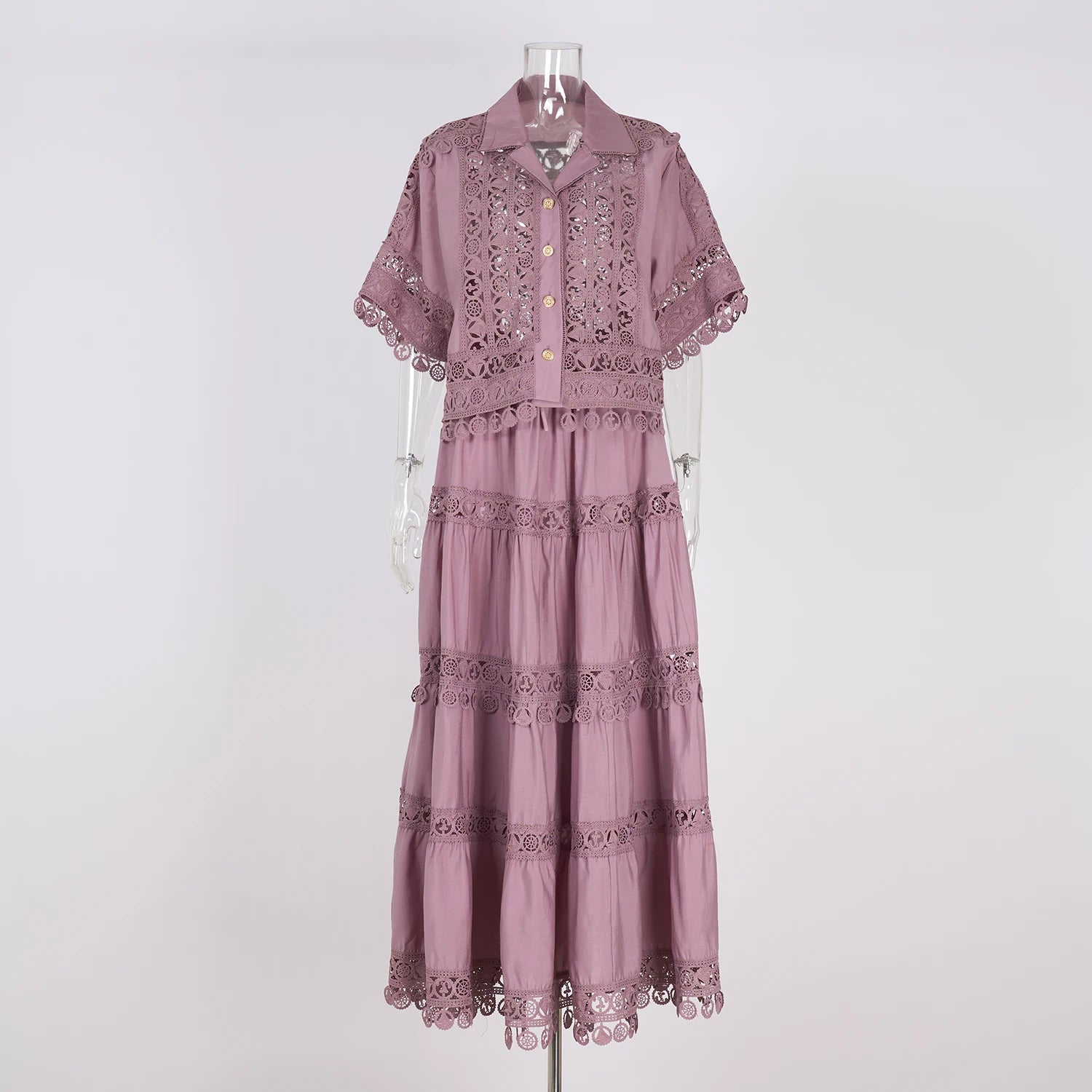 Summer Holiday Embroidery 2 Piece Sets Women Hollow Out Loose Shirt Top + Elastic Waist Maxi Skirts Suits Streetwear Y2k Outfits