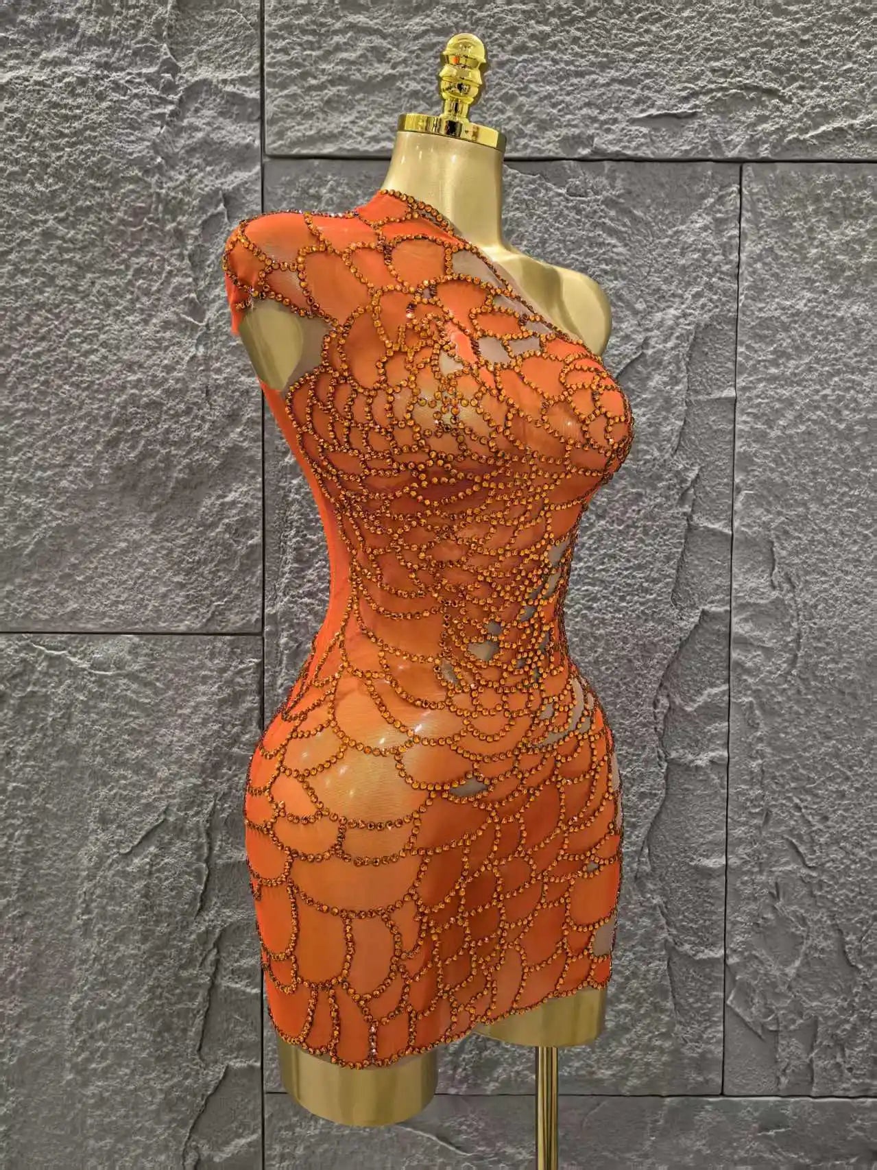 Orange Color Shinning Rhinestones Women Sexy One Shoulder Mesh Bodycon Mini Dress Celebrate Nightclub Party Bar Singer Wear