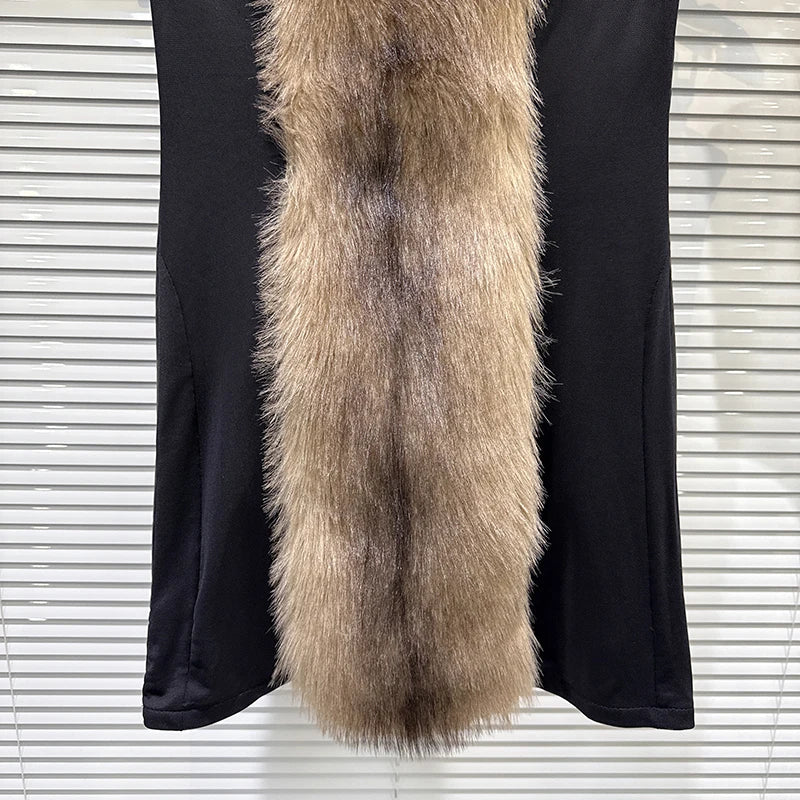 Winter New Fashion Furry Patchwork PU Leather Zipper Strapless Dress For Women Evening Party Backless Dresses 11A07577