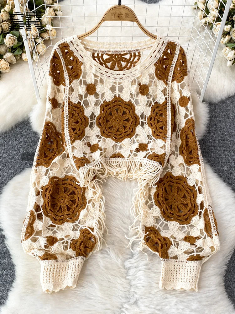 SINGREINY Sunscreen Hook Summer Knit Top Women Elegant O Neck Hollow Out Lantern Sleeve Ladies Vacation Tassel Beach Blouse brown One Size